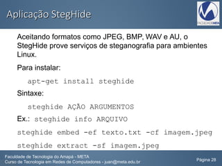 Aplicação StegHideAplicação StegHide
Aceitando formatos como JPEG, BMP, WAV e AU, o
StegHide prove serviços de steganografia para ambientes
Linux.
Para instalar:
apt-get install steghide
Sintaxe:
steghide AÇÃO ARGUMENTOS
Ex.: steghide info ARQUIVO
steghide embed -ef texto.txt -cf imagem.jpeg
steghide extract -sf imagem.jpeg
Faculdade de Tecnologia do Amapá - META
Curso de Tecnologia em Redes de Computadores - juan@meta.edu.br Página 28
 