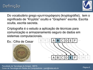 DefiniçãoDefinição
Do vocabulário grego κρυπτογράφηση (kryptográfisi), tem o
significado de “Kryptós” oculto e “Graphein” escrita. Escrita
oculta, escrita secreta.
Criptografia é o estudo a aplicação de técnicas para
comunicação e armazenamento seguro de dados em
sistemas computacionais.
Ex.: Cifra de Cesar
Faculdade de Tecnologia do Amapá - META
Curso de Tecnologia em Redes de Computadores - juan@meta.edu.br Página 6
 