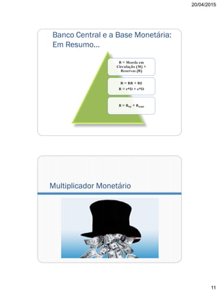 20/04/2015
11
Banco Central e a Base Monetária:
Em Resumo...
B = Moeda em
Circulação (M) +
Reservas (R)
R = RR + RE
R = r*D + e*D
B = BNE + REMP
Multiplicador Monetário
 
