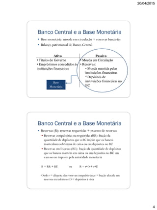 20/04/2015
4
Banco Central e a Base Monetária
 Base monetária: moeda em circulação + reservas bancárias
 Balanço patrimonial do Banco Central:
Ativo Passivo
• Títulos do Governo • Moeda em Circulação
• Empréstimos concedidos às
instituições financeiras
• Reservas:
• Moeda mantida pelas
instituições financeiras
• Depósitos de
instituições financeiras no
BC
Base
Monetária
Banco Central e a Base Monetária
 Reservas (R): reservas requeridas + excesso de reservas
 Reservas compulsórias ou requeridas (RR): fração da
quantidade de depósitos que o BC impõe que os bancos
mantenham sob forma de caixa ou em depósitos no BC
 Reservas em Excesso (RE): fração da quantidade de depósitos
que os bancos mantém em caixa ou em depósitos no BC em
excesso ao imposto pela autoridade monetária
R = RR + RE ou R = r*D + e*D
Onde r = alíquota das reservas compulsórias; e = fração alocada em
reservas excedentes e D = depósitos à vista
 