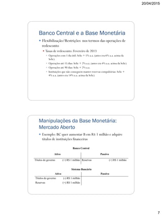 20/04/2015
7
Banco Central e a Base Monetária
 Flexibilização/Restrições nos termos das operações de
redesconto
 Taxas de redesconto: Fevereiro de 2013
 Operações com 1 dia útil: Selic + 1% a.a. (antes era 6% a.a. acima da
Selic)
 Operações até 15 dias: Selic + 2% a.a. (antes era 4% a.a. acima da Selic)
 Operações até 90 dias: Selic + 2% a.a.
 Instituições que não conseguem manter reservas compulsórias: Selic +
4% a.a. (antes era 14% a.a. acima da Selic)
Manipulações da Base Monetária:
Mercado Aberto
 Exemplo: BC quer aumentar B em R$ 1 milhão e adquire
títulos de instituições financeiras
Sistema Bancário
Ativo Passivo
Títulos do governo (-) R$ 1 milhão
Reservas (+) R$ 1 milhão
Banco Central
Ativo Passivo
Títulos do governo (+) R$ 1 milhão Reservas (+) R$ 1 milhão
 