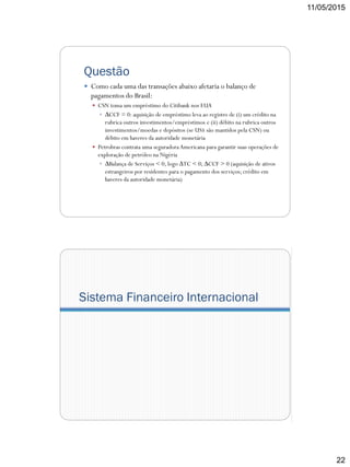 11/05/2015
22
Questão
 Como cada uma das transações abaixo afetaria o balanço de
pagamentos do Brasil:
 CSN toma um empréstimo do Citibank nos EUA
 ∆CCF = 0: aquisição de empréstimo leva ao registro de (i) um crédito na
rubrica outros investimentos/empréstimos e (ii) débito na rubrica outros
investimentos/moedas e depósitos (se US$ são mantidos pela CSN) ou
débito em haveres da autoridade monetária
 Petrobras contrata uma seguradoraAmericana para garantir suas operações de
exploração de petróleo na Nigéria
 ∆Balança de Serviços < 0, logo ∆TC < 0; ∆CCF > 0 (aquisição de ativos
estrangeiros por residentes para o pagamento dos serviços; crédito em
haveres da autoridade monetária)
Sistema Financeiro Internacional
 