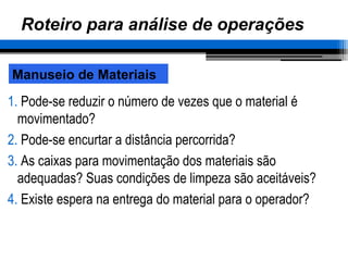 Roteiro para análise de operações
1. Pode-se reduzir o número de vezes que o material é
movimentado?
2. Pode-se encurtar a distância percorrida?
3. As caixas para movimentação dos materiais são
adequadas? Suas condições de limpeza são aceitáveis?
4. Existe espera na entrega do material para o operador?
Manuseio de Materiais
 