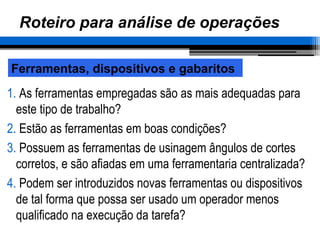 Roteiro para análise de operações
1. As ferramentas empregadas são as mais adequadas para
este tipo de trabalho?
2. Estão as ferramentas em boas condições?
3. Possuem as ferramentas de usinagem ângulos de cortes
corretos, e são afiadas em uma ferramentaria centralizada?
4. Podem ser introduzidos novas ferramentas ou dispositivos
de tal forma que possa ser usado um operador menos
qualificado na execução da tarefa?
Ferramentas, dispositivos e gabaritos
 