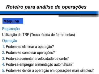 Roteiro para análise de operações
Preparação
Utilização da TRF (Troca rápida de ferramentas)
Operação
1. Podem-se eliminar a operação?
2. Podem-se combinar operações?
3. Pode-se aumentar a velocidade de corte?
4. Pode-se empregar alimentação automática?
5. Podem-se dividir a operação em operações mais simples?
Máquina
 