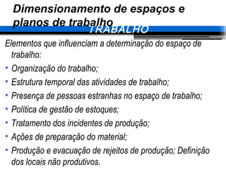 5. CONDIÇÕES TÉCNICAS DE
TRABALHO
Dimensionamento de espaços e
planos de trabalho
Elementos que influenciam a determinação do espaço de
trabalho:
• Organização do trabalho;
• Estrutura temporal das atividades de trabalho;
• Presença de pessoas estranhas no espaço de trabalho;
• Política de gestão de estoques;
• Tratamento dos incidentes de produção;
• Ações de preparação do material;
• Produção e evacuação de rejeitos de produção; Definição
dos locais não produtivos.
 