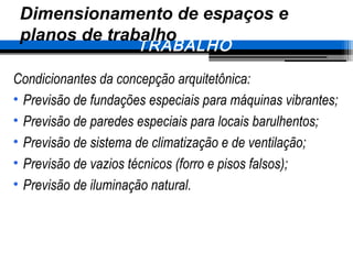 Condicionantes da concepção arquitetônica:
• Previsão de fundações especiais para máquinas vibrantes;
• Previsão de paredes especiais para locais barulhentos;
• Previsão de sistema de climatização e de ventilação;
• Previsão de vazios técnicos (forro e pisos falsos);
• Previsão de iluminação natural.
5. CONDIÇÕES TÉCNICAS DE
TRABALHO
Dimensionamento de espaços e
planos de trabalho
 