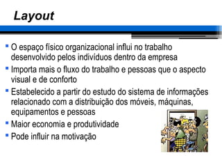 – 39 –
Layout
 O espaço físico organizacional influi no trabalho
desenvolvido pelos indivíduos dentro da empresa
 Importa mais o fluxo do trabalho e pessoas que o aspecto
visual e de conforto
 Estabelecido a partir do estudo do sistema de informações
relacionado com a distribuição dos móveis, máquinas,
equipamentos e pessoas
 Maior economia e produtividade
 Pode influir na motivação
 