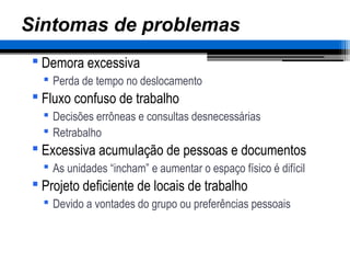 – 40 –
Sintomas de problemas
 Demora excessiva
 Perda de tempo no deslocamento
 Fluxo confuso de trabalho
 Decisões errôneas e consultas desnecessárias
 Retrabalho
 Excessiva acumulação de pessoas e documentos
 As unidades “incham” e aumentar o espaço físico é difícil
 Projeto deficiente de locais de trabalho
 Devido a vontades do grupo ou preferências pessoais
 