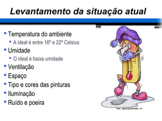 – 44 –
Levantamento da situação atual
 Temperatura do ambiente
 A ideal é entre 16º e 22º Celsius
 Umidade
 O ideal é baixa umidade
 Ventilação
 Espaço
 Tipo e cores das pinturas
 Iluminação
 Ruído e poeira
 