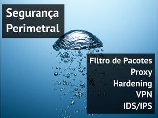 Segurança
Perimetral

             Filtro de Pacotes
                         Proxy
                    Hardening
                          VPN
                       IDS/IPS
 