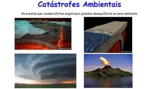 Catástrofes Ambientais
Os eventos que causam efeitos negativos e grandes desequilíbrios no meio ambiente.
 