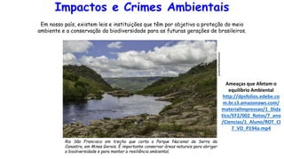 Em nosso país, existem leis e instituições que têm por objetivo a proteção do meio
ambiente e a conservação da biodiversidade para as futuras gerações de brasileiros.
Impactos e Crimes Ambientais
Rio São Francisco em trecho que corta o Parque Nacional da Serra da
Canastra, em Minas Gerais. É importante conservar áreas naturais para abrigar
a biodiversidade e para manter a resiliência ambiental.
Ameaças que Afetam o
equilíbrio Ambiental
http://dpsfolios.edebe.co
m.br.s3.amazonaws.com/
materialImpressao/1_Dida
tico/EF2/002_Rotas/7_ano
/Ciencias/1_Aluno/ROT_CI
7_VD_P194a.mp4
 