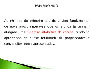 PRIMEIRO ANO

Ao término do primeiro ano do ensino fundamental
de nove anos, espera-se que os alunos já tenham
atingido uma hipótese alfabética de escrita, tendo se

apropriado da quase totalidade de propriedades e
convenções agora apresentadas.

 