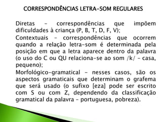 CORRESPONDÊNCIAS LETRA-SOM REGULARES

Diretas
–
correspondências
que
impõem
dificuldades à criança (P, B, T, D, F, V);
Contextuais – correspondências que ocorrem
quando a relação letra-som é determinada pela
posição em que a letra aparece dentro da palavra
(o uso do C ou QU relaciona-se ao som /k/ – casa,
pequeno);
Morfológico-gramatical - nesses casos, são os
aspectos gramaticais que determinam o grafema
que será usado (o sufixo [eza] pode ser escrito
com S ou com Z, dependendo da classificação
gramatical da palavra – portuguesa, pobreza).

 