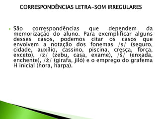 CORRESPONDÊNCIAS LETRA-SOM IRREGULARES



São
correspondências
que
dependem
da
memorização do aluno. Para exemplificar alguns
desses casos, podemos citar os casos que
envolvem a notação dos fonemas /s/ (seguro,
cidade, auxílio, cassino, piscina, cresça, força,
exceto), /z/ (zebu, casa, exame), /š/ (enxada,
enchente), /ž/ (girafa, jiló) e o emprego do grafema
H inicial (hora, harpa).

 