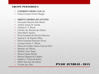 EQUIPE PEDAGÓGICA

• COORDENADORA LOCAL
• Paula Cristiane Polizio Bogajo
•
•
•
•
•
•
•
•
•
•
•
•
•
•
•
•
•
•

ORIENTADORES DE ESTUDO
Alexandra Daniela Suhr Biasin
Andréa Araujo de Arruda
Arianna P. T. Busch
Cristina Ap. Buscato dos Santos
Eliza Maria Aquino
Érica Fernanda de Oliveira Menezes
Janaína G. de Siqueira Mota
Kátia Fernanda Piazentin Tresso
Luciana Gomes T. Marini
Maria de Lourdes Santos Lima da Silva
Marlene Ap. Mazon
Michele Assis Negri
Mirna Campos Rennó
Patrícia Fagnani de Campos
Sandra A. Torres de Souza
Sibele Scavone dos Santos
Viviane Ap. Dias

PNAIC JUNDIAÍ - 2013

 