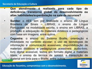 Que atendimento é realizado para cada tipo de deficiência, transtorno global do desenvolvimento ou altas habilidades/superdotação na sala de recursos? Surdez:  o AEE tem por finalidade o ensino da Língua Brasileira de Sinais – LIBRAS; o ensino da Língua Portuguesa na modalidade escrita, o ensino em LIBRAS, a produção e adequação de materiais didáticos e pedagógicos com base em imagens, entre outros.  Cegueira:  o ensino do Sistema Braille; orientação e mobilidade no contexto escolar; o uso de tecnologias de informação e comunicação acessíveis; disponibilização de materiais didáticos e pedagógicos acessíveis: áudio-livro, livro digital acessível, textos em formato digital e materiais táteis; o ensino da técnica de sorobã; a transcrição de material em tinta para o Braille, entre outros.  