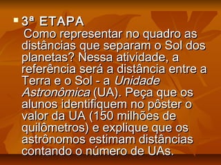 3ª ETAPA3ª ETAPA
Como representar no quadro asComo representar no quadro as
distâncias que separam o Sol dosdistâncias que separam o Sol dos
planetas? Nessa atividade, aplanetas? Nessa atividade, a
referência será a distância entre areferência será a distância entre a
Terra e o Sol - aTerra e o Sol - a UnidadeUnidade
AstronômicaAstronômica (UA). Peça que os(UA). Peça que os
alunos identifiquem no pôster oalunos identifiquem no pôster o
valor da UA (150 milhões devalor da UA (150 milhões de
quilômetros) e explique que osquilômetros) e explique que os
astrônomos estimam distânciasastrônomos estimam distâncias
contando o número de UAs.contando o número de UAs.
 