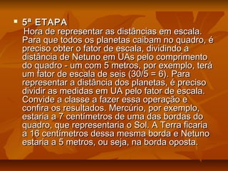  5ª ETAPA5ª ETAPA
Hora de representar as distâncias em escala.Hora de representar as distâncias em escala.
Para que todos os planetas caibam no quadro, éPara que todos os planetas caibam no quadro, é
preciso obter o fator de escala, dividindo apreciso obter o fator de escala, dividindo a
distância de Netuno em UAs pelo comprimentodistância de Netuno em UAs pelo comprimento
do quadro - um com 5 metros, por exemplo, terádo quadro - um com 5 metros, por exemplo, terá
um fator de escala de seis (30/5 = 6). Paraum fator de escala de seis (30/5 = 6). Para
representar a distância dos planetas, é precisorepresentar a distância dos planetas, é preciso
dividir as medidas em UA pelo fator de escala.dividir as medidas em UA pelo fator de escala.
Convide a classe a fazer essa operação eConvide a classe a fazer essa operação e
confira os resultados. Mercúrio, por exemplo,confira os resultados. Mercúrio, por exemplo,
estaria a 7 centímetros de uma das bordas doestaria a 7 centímetros de uma das bordas do
quadro, que representaria o Sol. A Terra ficariaquadro, que representaria o Sol. A Terra ficaria
a 16 centímetros dessa mesma borda e Netunoa 16 centímetros dessa mesma borda e Netuno
estaria a 5 metros, ou seja, na borda oposta.estaria a 5 metros, ou seja, na borda oposta.
 