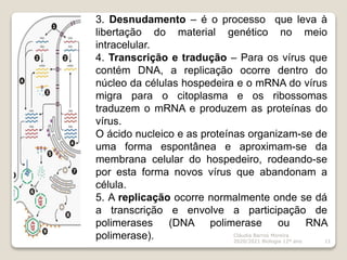 Cláudia Barros Moreira
2020/2021 Biologia 12º ano 11
3. Desnudamento – é o processo que leva à
libertação do material genético no meio
intracelular.
4. Transcrição e tradução – Para os vírus que
contém DNA, a replicação ocorre dentro do
núcleo da células hospedeira e o mRNA do vírus
migra para o citoplasma e os ribossomas
traduzem o mRNA e produzem as proteínas do
vírus.
O ácido nucleico e as proteínas organizam-se de
uma forma espontânea e aproximam-se da
membrana celular do hospedeiro, rodeando-se
por esta forma novos vírus que abandonam a
célula.
5. A replicação ocorre normalmente onde se dá
a transcrição e envolve a participação de
polimerases (DNA polimerase ou RNA
polimerase).
 