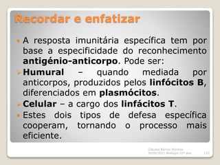 Recordar e enfatizar
 A resposta imunitária específica tem por
base a especificidade do reconhecimento
antigénio-anticorpo. Pode ser:
Humural – quando mediada por
anticorpos, produzidos pelos linfócitos B,
diferenciados em plasmócitos.
Celular – a cargo dos linfácitos T.
 Estes dois tipos de defesa específica
cooperam, tornando o processo mais
eficiente.
Cláudia Barros Moreira
2020/2021 Biologia 12º ano 127
 