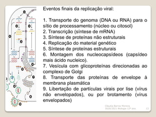 Cláudia Barros Moreira
2020/2021 Biologia 12º ano 13
Eventos finais da replicação viral:
1. Transporte do genoma (DNA ou RNA) para o
sítio de processamento (núcleo ou citosol)
2. Transcrição (síntese de mRNA)
3. Síntese de proteínas não estruturais
4. Replicação do material genético
5. Síntese de proteínas estruturais
6. Montagem dos nucleocapsídeos (capsídeo
mais ácido nucleico).
7. Vesícula com glicoproteínas direcionadas ao
complexo de Golgi
8. Transporte das proteínas de envelope à
membrana plasmática
9. Libertação de partículas virais por lise (vírus
não envelopados), ou por brotamento (vírus
envelopados)
 
