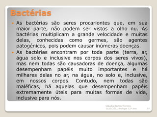 Bactérias
 As bactérias são seres procariontes que, em sua
maior parte, não podem ser vistos a olho nu. As
bactérias multiplicam a grande velocidade e muitas
delas, conhecidas como germes, são agentes
patogénicos, pois podem causar inúmeras doenças.
 As bactérias encontram por toda parte (terra, ar,
água solo e inclusive nos corpos dos seres vivos),
mas nem todas são causadoras de doença, algumas
desempenham papéis muito importantes e há
milhares delas no ar, na água, no solo e, inclusive,
em nossos corpos. Contudo, nem todas são
maléficas, há aquelas que desempenham papéis
extremamente úteis para muitas formas de vida,
inclusive para nós.
Cláudia Barros Moreira
2020/2021 Biologia 12º ano 14
 