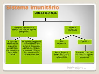 Sistema imunitário
Cláudia Barros Moreira
2020/2021 Biologia 12º ano 21
Sistema imunitário
É capaz de
identificar os
organismos
patogénicos,
distinguindo-os
das próprias
células
Os agentes patogénicos
atacam as células e
afetam a integridade
dos tecidos e órgãos,
provocando falhas no
funcionamento do
sistema imunitário.
Proteção geral
contra os agentes
patogénicos
Proteção contra um
determinado agente
patogénico
Protege os organismos de
doenças causadas por agentes
patogénicos
Resposta
imunitária
Não
específica
Específica
 