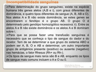 Incompatibilidade sanguínea
Cláudia Barros Moreira
2020/2021 Biologia 12º ano 65
Para determinação do grupo sanguíneo, existe na espécie
humana três genes alelos (A,B e i), com graus diferentes de
dominância, e quatro tipos diferentes de sangue (A, B, AB e O).
Nos alelos A e B não existe dominância, se estes genes se
encontrarem o fenótipo é o grupo AB. O grupo O é
determinado pelo genótipo homozigótico recessivo( ii). Entre os
alelos A e B não existe dominância e os alelos A e B dominam
sobre i.
Para que se possa fazer uma transfusão sanguínea é
necessário que se conheça o tipo de sangue do dador e do
recetor. Tem de se determinar a que grupo do sistema ABO e
podem ser A, B, O e AB e determinar, um outro importante
grupo de antigénios presente (positivo) ou ausente (negativo)
nas hemácias, o fator Rhesus (Rh+ ou Rh-).
Os tipos de sangue mais raros são B e AB, enquanto os tipos
de sangue mais comuns incluem o A e O ou 0.
 