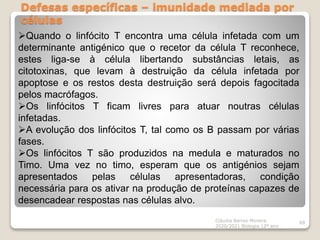 Defesas específicas – imunidade mediada por
células
Cláudia Barros Moreira
2020/2021 Biologia 12º ano
69
Quando o linfócito T encontra uma célula infetada com um
determinante antigénico que o recetor da célula T reconhece,
estes liga-se à célula libertando substâncias letais, as
citotoxinas, que levam à destruição da célula infetada por
apoptose e os restos desta destruição será depois fagocitada
pelos macrófagos.
Os linfócitos T ficam livres para atuar noutras células
infetadas.
A evolução dos linfócitos T, tal como os B passam por várias
fases.
Os linfócitos T são produzidos na medula e maturados no
Timo. Uma vez no timo, esperam que os antigénios sejam
apresentados pelas células apresentadoras, condição
necessária para os ativar na produção de proteínas capazes de
desencadear respostas nas células alvo.
 