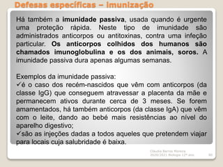 Defesas específicas – imunização
Cláudia Barros Moreira
2020/2021 Biologia 12º ano 80
Há também a imunidade passiva, usada quando é urgente
uma proteção rápida. Neste tipo de imunidade são
administrados anticorpos ou antitoxinas, contra uma infeção
particular. Os anticorpos colhidos dos humanos são
chamados imunoglobulina e os dos animais, soros. A
imunidade passiva dura apenas algumas semanas.
Exemplos da imunidade passiva:
é o caso dos recém-nascidos que vêm com anticorpos (da
classe IgG) que conseguem atravessar a placenta da mãe e
permanecem ativos durante cerca de 3 meses. Se forem
amamentados, há também anticorpos (da classe IgA) que vêm
com o leite, dando ao bebé mais resistências ao nível do
aparelho digestivo;
são as injeções dadas a todos aqueles que pretendem viajar
para locais cuja salubridade é baixa.
 