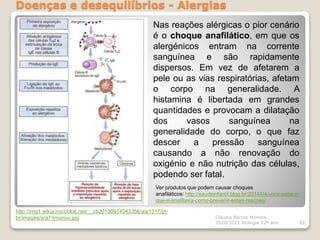 Doenças e desequilíbrios - Alergias
Cláudia Barros Moreira
2020/2021 Biologia 12º ano 92
Nas reações alérgicas o pior cenário
é o choque anafilático, em que os
alergénicos entram na corrente
sanguínea e são rapidamente
dispersos. Em vez de afetarem a
pele ou as vias respiratórias, afetam
o corpo na generalidade. A
histamina é libertada em grandes
quantidades e provocam a dilatação
dos vasos sanguínea na
generalidade do corpo, o que faz
descer a pressão sanguínea
causando a não renovação do
oxigénio e não nutrição das células,
podendo ser fatal.
http://img1.wikia.nocookie.net/__cb20130914043356/aia1317/pt-
br/images/a/a7/Imunoo.jpg
Ver produtos que podem causar choques
anafiláticos: http://saudeinfantil.blog.br/2014/04/voce-sabe-o-
que-e-anafilaxia-como-prevenir-estas-reacoes/
 