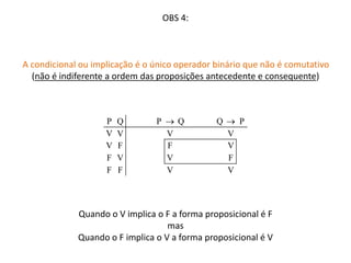 OBS 4: 
A condicional ou implicação é o único operador binário que não é comutativo 
(não é indiferente a ordem das proposições antecedente e consequente) 
P Q P  Q Q  P 
V V V V 
V F F V 
F V V F 
F F V V 
Quando o V implica o F a forma proposicional é F 
mas 
Quando o F implica o V a forma proposicional é V 
 