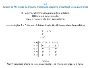 2.2 
Falácia da Afirmação da Disjunta (Falácia do Silogismo Disjuntivo) {extra programa} 
O Homem é determinado ou tem livre-arbítrio. 
O Homem é determinado. 
Logo, o Homem não tem livre-arbítrio. 
Interpretação: P = O Homem é determinado. Q = O Homem tem livre-arbítrio. 
P ∨ Q 
P 
Q 
P Q P ∨ Q, P ╞ Q 
V V V V F 
V F V V V 
F V V F F 
F F F F V 
Falácia: 
Na 2.ª premissa afirma-se uma das disjuntas, na conclusão nega-se a outra. 
 
