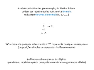 As diversas instâncias, por exemplo, do Modus Tollens 
podem ser representadas numa única fórmula, 
utilizando variáveis de fórmula (A, B, C, ...) 
A  B 
B 
A 
“A” representa qualquer antecedente e “B” representa qualquer consequente 
(proposições simples ou compostas indiferentemente) 
As fórmulas são regras ou leis lógicas 
(padrões ou modelos a partir dos quais se constroem argumentos válidos) 
 