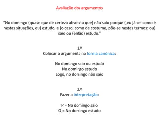 Avaliação dos argumentos 
“No domingo {quase que de certeza absoluta que} não saio porque {,eu já sei como é 
nestas situações, eu} estudo, e {o caso, como de costume, põe-se nestes termos: ou} 
saio ou {então} estudo.” 
1.º 
Colocar o argumento na forma canónica: 
No domingo saio ou estudo 
No domingo estudo 
Logo, no domingo não saio 
2.º 
Fazer a interpretação: 
P = No domingo saio 
Q = No domingo estudo 
 