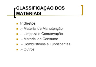 CLASSIFICAÇÃO DOS
MATERIAIS

 Indiretos
 .- Material de Manutenção
 .- Limpeza e Conservação
 .- Material de Consumo
 .- Combustíveis e Lubrificantes
 .- Outros
 