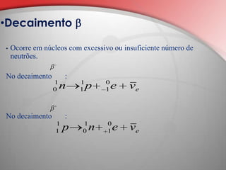 Nenhum núcleo com Z>83 e estável Ocorre com isótopos de elementos de grande massa atómica.O núcleo original divide-se em dois e dá origem ao núcleo-filho e a uma partícula Decaimento 