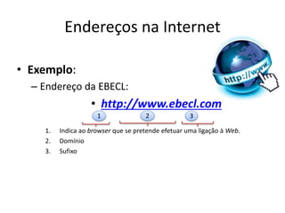 Endereços na Internet
• Exemplo:
– Endereço da EBECL:
• http://www.ebecl.com
1. Indica ao browser que se pretende efetuar uma ligação à Web.
2. Domínio
3. Sufixo
1 2 3
 