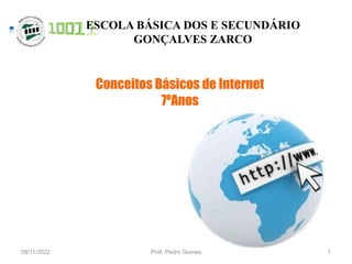 08/11/2022 Prof. Pedro Gomes 1
Conceitos Básicos de Internet
7ºAnos
ESCOLA BÁSICA DOS E SECUNDÁRIO
GONÇALVES ZARCO
 