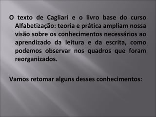 O texto de Cagliari e o livro base do curso
Alfabetização: teoria e prática ampliam nossa
visão sobre os conhecimentos necessários ao
aprendizado da leitura e da escrita, como
podemos observar nos quadros que foram
reorganizados.
Vamos retomar alguns desses conhecimentos:
 