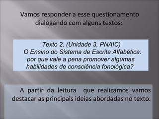 Vamos responder a esse questionamento
dialogando com alguns textos:
A partir da leitura que realizamos vamos
destacar as principais ideias abordadas no texto.
Texto 2, (Unidade 3, PNAIC)
O Ensino do Sistema de Escrita Alfabética:
por que vale a pena promover algumas
habilidades de consciência fonológica?
 