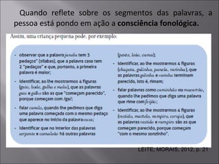 LEITE; MORAIS, 2012, p. 21
Quando reflete sobre os segmentos das palavras, a
pessoa está pondo em ação a consciência fonológica.
 