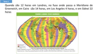 Quando são 12 horas em Londres, no fuso onde passa o Meridiano de
Greenwich, em Cairo são 14 horas, em Los Angeles 4 horas, e em Sidnei 22
horas
Tema 1
 