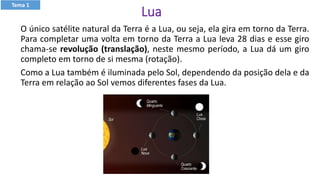 Lua
O único satélite natural da Terra é a Lua, ou seja, ela gira em torno da Terra.
Para completar uma volta em torno da Terra a Lua leva 28 dias e esse giro
chama-se revolução (translação), neste mesmo período, a Lua dá um giro
completo em torno de si mesma (rotação).
Como a Lua também é iluminada pelo Sol, dependendo da posição dela e da
Terra em relação ao Sol vemos diferentes fases da Lua.
Tema 1
 