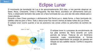 Eclipse Lunar
O movimento de translação da Lua é de aproximadamente 29,5 dias, e nos permite observar as
fases: Nova, Crescente, Cheia e Minguante. Na fase Nova, acontece um alinhamento Sol-Lua-
Terra, o observador terrestre não pode ver a face iluminada da Lua, pois ela não está voltada para o
nosso planeta.
Durante a fase Cheia acontece o alinhamento Sol-Terra-Lua e, desta forma, a face iluminada do
satélite volta-se para a Terra. Todo o disco lunar fica visível e temos as belas noites de Lua Cheia.
O eclipse lunar ocorre quando a lua se posiciona nas zonas umbra ou penumbra da sombra da
Terra.
O eclipse lunar é o processo de encobrimento da
lua pela sombra da Terra durante um curto
período de tempo. Trata-se de um fenômeno
ocasional, cujas características e formas
aparentes dependerão da posição do planeta em
relação ao seu satélite natural. Confira o esquema
ao lado.
Tema 1
 