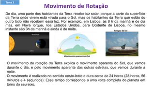 De dia, uma parte dos habitantes da Terra recebe luz solar, porque a parte da superfície
da Terra onde vivem está virada para o Sol, mas os habitantes da Terra que estão do
outro lado não recebem essa luz. Por exemplo, em Lisboa, às 8 h da manhã é de dia
mas, em Nova Iorque, nos Estados Unidos, para Ocidente de Lisboa, no mesmo
instante são 3h da manhã e ainda é de noite.
O movimento de rotação da Terra explica o movimento aparente do Sol, que vemos
durante o dia, e pelo movimento aparente das outras estrelas, que vemos durante a
noite.
O movimento é realizado no sentido oeste-leste e dura cerca de 24 horas (23 horas, 56
minutos e 4 segundos). Esse tempo corresponde a uma volta completa do planeta em
torno do seu eixo.
Relógio de Sol
Movimento de Rotação
Movimento aparente do Sol
Tema 1
 