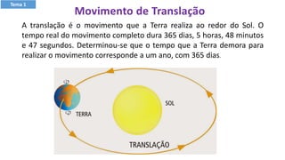 Movimento de Translação
A translação é o movimento que a Terra realiza ao redor do Sol. O
tempo real do movimento completo dura 365 dias, 5 horas, 48 minutos
e 47 segundos. Determinou-se que o tempo que a Terra demora para
realizar o movimento corresponde a um ano, com 365 dias.
Tema 1
 