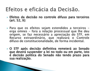 Sendo assim, o STF também realiza o CCD . Poderá faze-lo em processos de sua competência originária (102, I) ou no julgamento dos recursos ordinários (art. 102, II). Todavia, é sem sede de recurso extraordinário que a Corte suprema desempenha, normalmente e em grande volume (entre jan e abril de 2005 foram distribuídos 9.924 rec. Extraordinários.) a fiscalização concreta da constitucionalidade das leis e atos normativos.Controle difuso no STJ e no STF